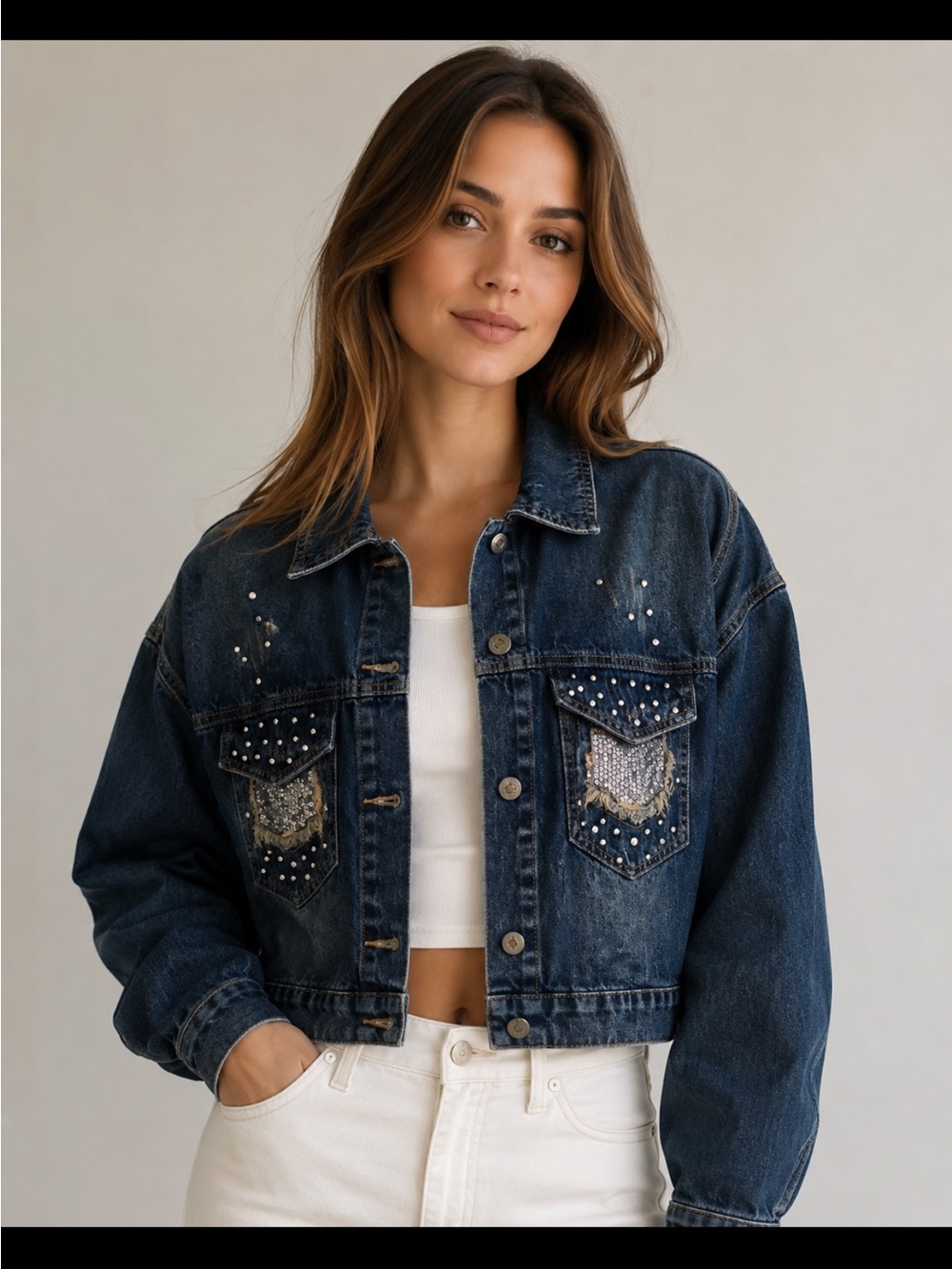 TOO Denim Jacket with Studs and Sequin Pockets - Dark Blue
